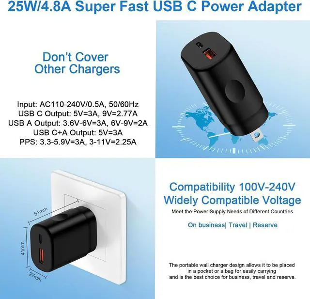 Alt view image 4 of 7 - Charger Plug Super Fast Charging 25W 2 Port USB A & USB C Wall Charger Block Android Phone Adapter Compatible with  Galaxy S25 Ultra S25 FE Edge S25 Plus A17 A16 A35 A55 S24 A14 A54 S23 S22 A25