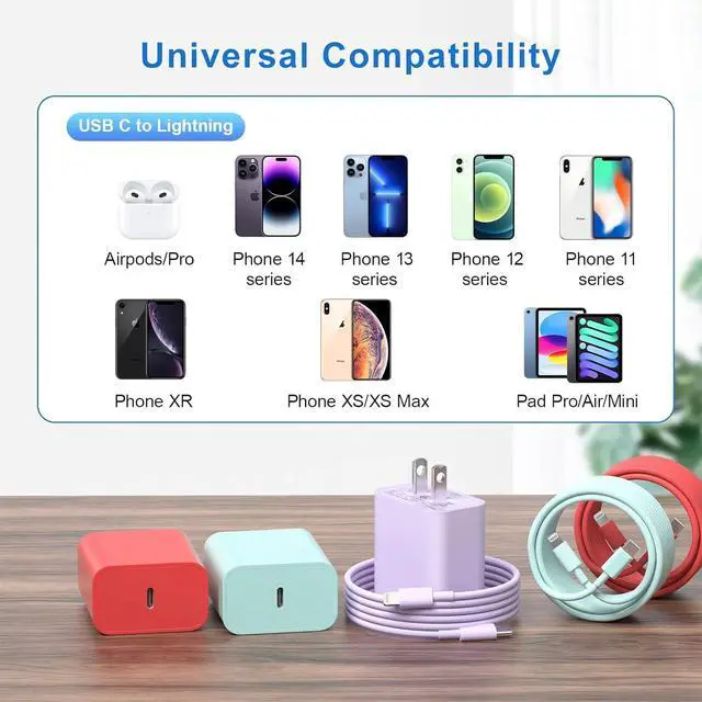 Alt view image 5 of 6 - Compatible with iPhone 14 13 12 Charger 20W Fast Charging Wall Charger 10 FT USB ightning Cable Phone Chargerr Cord for Phone 14/13/12/12 Pro Max/11/Xs Max/XR/X  and More(Pueple/Blue/Red)