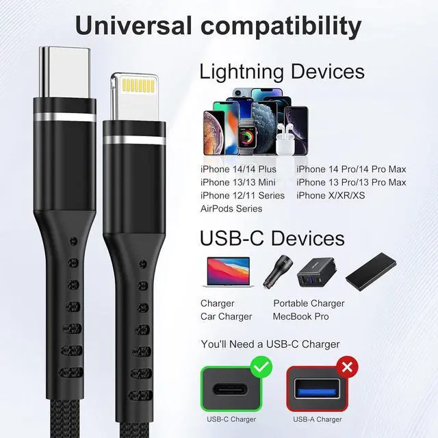 Alt view image 6 of 6 - iPhone Charger Cable 2Pack 3FT USB-C to Lightning Cable  MFi Certified Lightning Cable Nylon Braided Fast Charging High Speed Transfer Cord for iPhone 14 13 12 11 Pro Max Xr Xs 8 and More