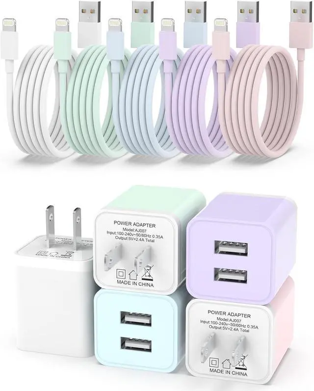 Main image of 5Pack iPhone Charger [MFi Certified] Dual Port USB Wall Charger Block Adapter with 6FT Lightning Cable Fast Charging Data Sync Cords for iPhone 14 13 12 11 Pro Max XR XS Plus-Multicolor