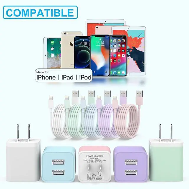 Alt view image 7 of 7 - 5Pack iPhone Charger [MFi Certified] Dual Port USB Wall Charger Block Adapter with 6FT Lightning Cable Fast Charging Data Sync Cords for iPhone 14 13 12 11 Pro Max XR XS Plus-Multicolor