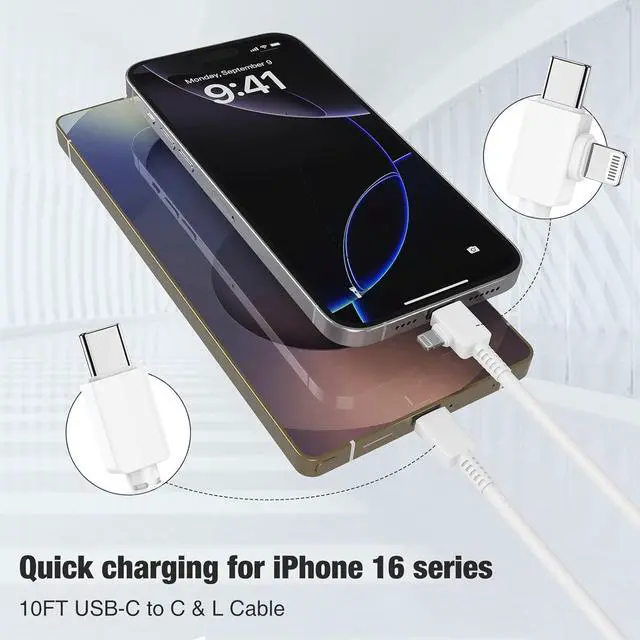 Alt view image 2 of 7 - 2 in 1 iPhone Fast Charger Cable 10ft Long Type C to C Charging Cord/USB C to Lightning for  iPhone 17 Pro Max/17 Air/16 Pro Max/16/15 Plus/14 Pro/13/12 Mini/11/XS/XR/X/8/7 Plus/iPad Air/MacBook