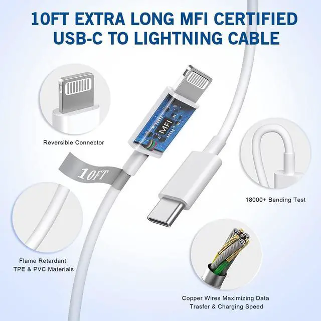 Alt view image 4 of 7 - Fast iPhone Charger [MFi Certified] 2Pack 10FT Extra Long Quick USB C to Lightning Cable Cords + 20W PD USB C Charger Block Fast iPhone Charging Adapter for iPhone 14 Pro Max/Plus/13/12/11/XS/XR/X/SE