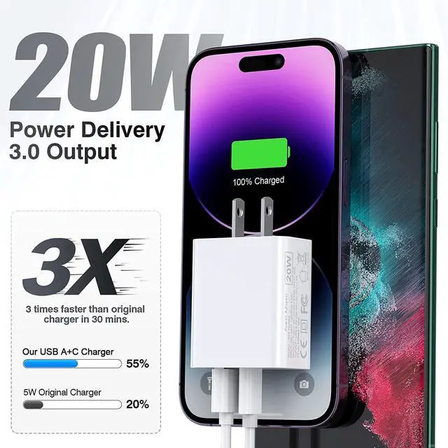 Alt view image 2 of 7 - USB C Charger Block 3Pack 20W Dual Port USB C Wall Charger Plug Fast Charging Adapter USB A Quick Charging Brick Plug for iPhone Air/17 Pro Max/16E/16 ProMax/16Plus/15/14/13/12/11/XS iPad Pro AirPods