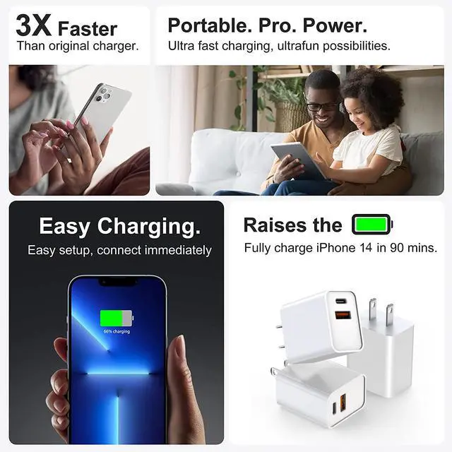 Alt view image 6 of 7 - USB C Charger Block 3Pack 20W Dual Port USB C Wall Charger Plug Fast Charging Adapter USB A Quick Charging Brick Plug for iPhone Air/17 Pro Max/16E/16 ProMax/16Plus/15/14/13/12/11/XS iPad Pro AirPods