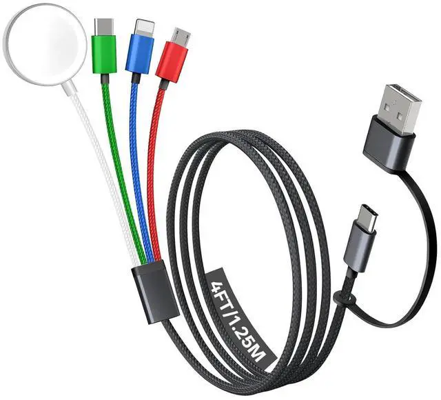 Main image of Travel Essentials 4 in 2 Multi Charging Cable for  Watch Charger/iPhone Charger USB C Cable Cord for iPhone 17-11/iWatch Ultra/10-2/Galaxy S25-S20 Android Phones MP3-MultiColor 4FT