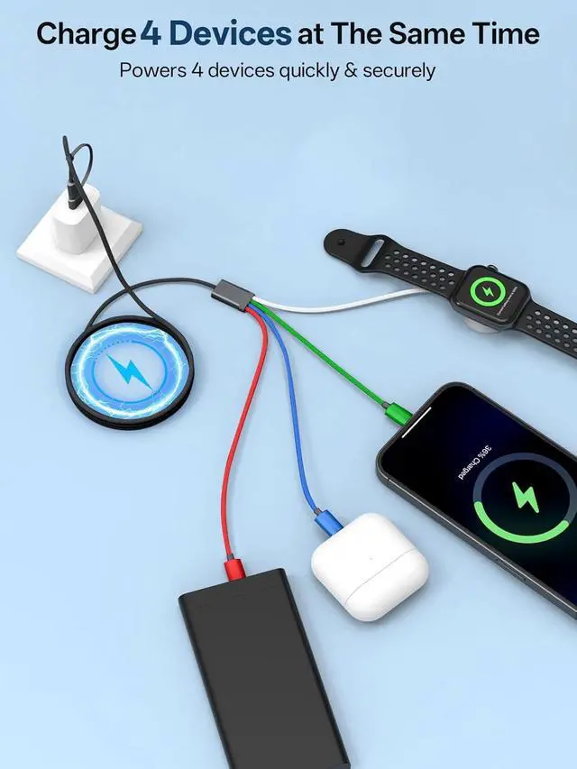 Alt view image 3 of 7 - Travel Essentials 4 in 2 Multi Charging Cable for  Watch Charger/iPhone Charger USB C Cable Cord for iPhone 17-11/iWatch Ultra/10-2/Galaxy S25-S20 Android Phones MP3-MultiColor 4FT