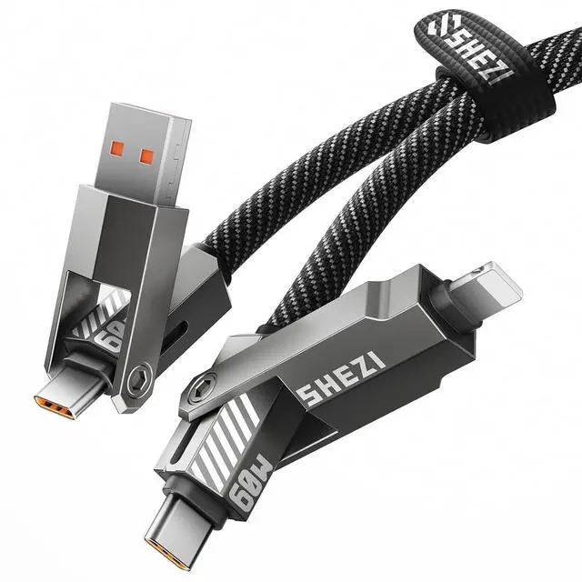 Main image of SHEZI Nylon Braided 4 in 1 USB C Cable 60W 5FT Compatible with Lightning Cable, Fast Charging for iPhone/iPad Charger Cord [480Mbps Data Sync],Multi Charging Cable with Type C/USB A, Grey