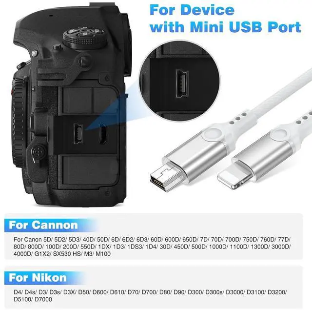 Alt view image 3 of 7 - for Lightning to Mini USB Camera Adapter Cable MFi Certified for iPhone 14 13 12 11 XR 7 Plus Import Photos Video Mini-B USB DSLR Camera OTG Cable for Canon 100D Nikon D610 Nylon Braided Cord 3.3ft