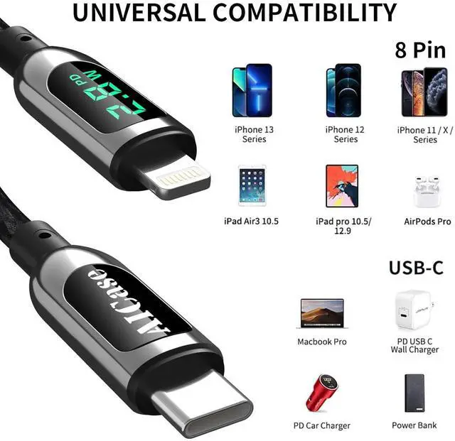 Alt view image 4 of 7 - AICase USB C Auf Lightning-Kabel, 1.2 m Lade-synchroniser-ungskabel mit LED-Display, kompatibel mit iPhone 13 13 Pro 12 Pro Max 12 11 X XS XR 8 Plus, AirPods Pro, unterstützt Power Delivery (1.2 m)