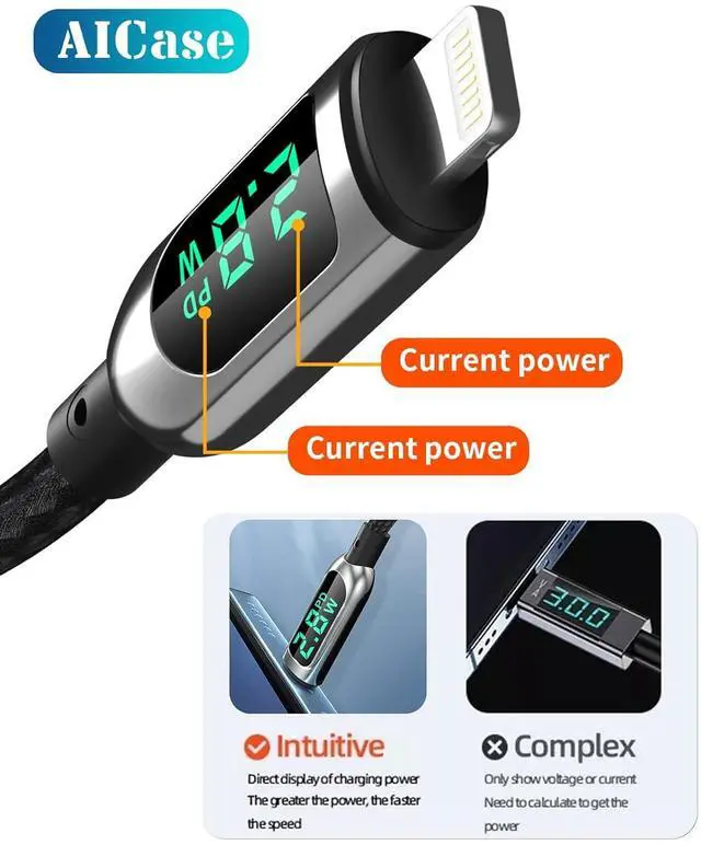 Alt view image 5 of 7 - AICase USB C Auf Lightning-Kabel, 1.2 m Lade-synchroniser-ungskabel mit LED-Display, kompatibel mit iPhone 13 13 Pro 12 Pro Max 12 11 X XS XR 8 Plus, AirPods Pro, unterstützt Power Delivery (1.2 m)