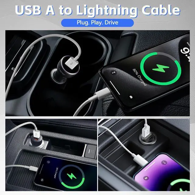 Alt view image 5 of 7 - 3Pack Car  Carplay Cable Car Charger Cord USB A to Lightning Cable 3.3FT Compatible iPhone 14/13/12/11/Pro/Max/XR/XS/X/8/7/6S Plus/5S/SE 3rd/iPad Pro/Air/Mini Charging Cable Cord