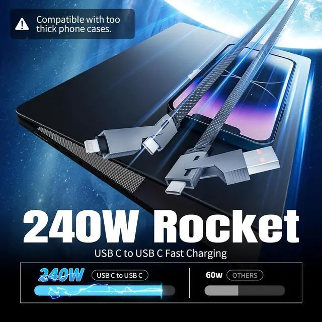 Alt view image 5 of 7 - 4 in 1 Charging Cable Fast Charging 240W USB C Cable 4-in-1 USB Multi Charging Cable with E-Mark Chip Multiple iPhone Charger Cord for iPhone 17/16/15/14 Series/Tablets/ Galaxy & More(5FT)