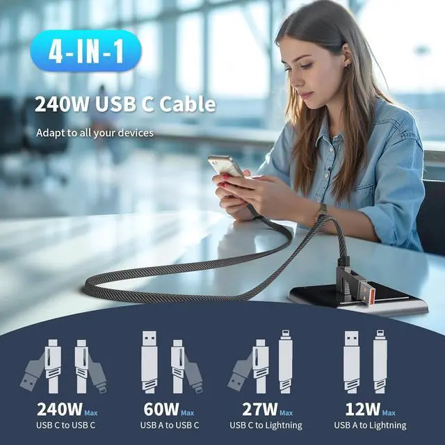 Alt view image 7 of 7 - 4 in 1 Charging Cable Fast Charging 240W USB C Cable 4-in-1 USB Multi Charging Cable with E-Mark Chip Multiple iPhone Charger Cord for iPhone 17/16/15/14 Series/Tablets/ Galaxy & More(5FT)