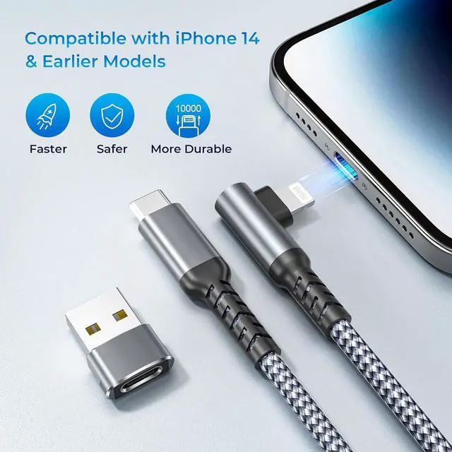 Alt view image 4 of 7 - for iPhone 14 Car Charging Cable with USB Adapter 6.6FT Right Angle Original USBC to Lightning Cord 90 Degree Fast PD Charger Line for  13 12 11 Pro Max Plus Mini 8 7 iPad 9th Generation