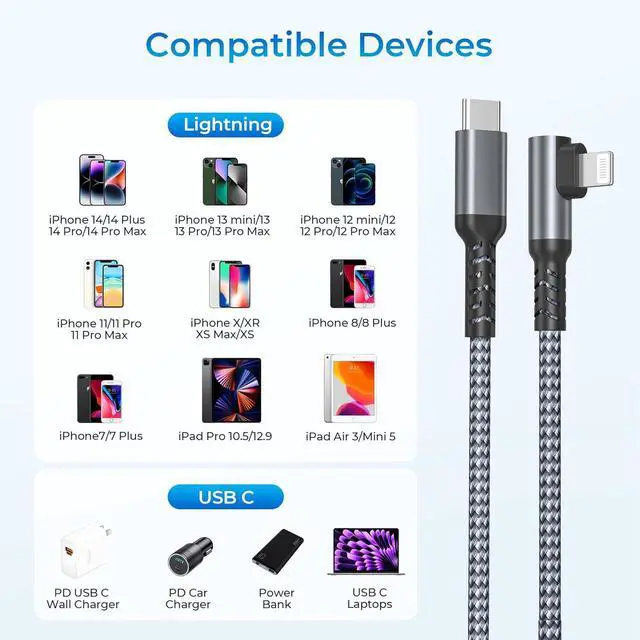 Alt view image 7 of 7 - for iPhone 14 Car Charging Cable with USB Adapter 6.6FT Right Angle Original USBC to Lightning Cord 90 Degree Fast PD Charger Line for  13 12 11 Pro Max Plus Mini 8 7 iPad 9th Generation