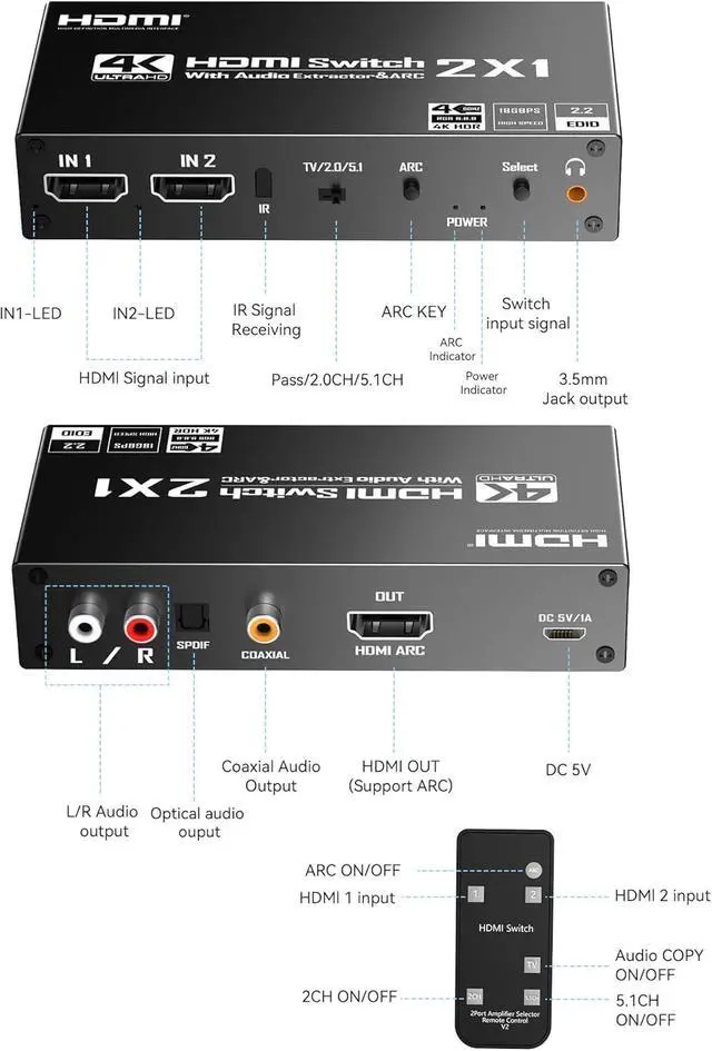 Alt view image 3 of 7 - HDMI Switch eARC Audio Extractor 4K@60hz HDMI Audio Splitter with Remote Support 7.1 Channel Audio/Optical Toslink SPDIF/Coaxial Converter HDR