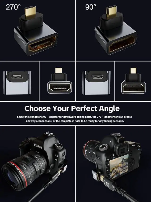 Alt view image 2 of 7 - 8K Right Angle HDMI Adapter 90 Degree Male to Female Fixed Micro HDMI Connector for Camera Camcorder - 8K@60Hz 4K@120Hz
