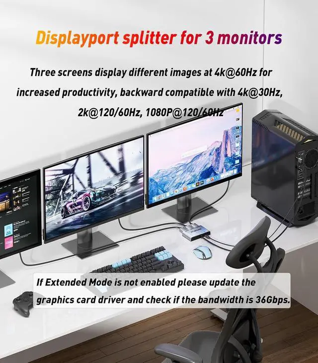 Alt view image 2 of 7 - DisplayPort Splitter for 3 Monitors Adapter |4K@60Hz| DP Splitter Extended Display 1 in 3 Out MST Hub for Multiple Monitor Compatible with PC NVIDIA/AMD Graphic Card