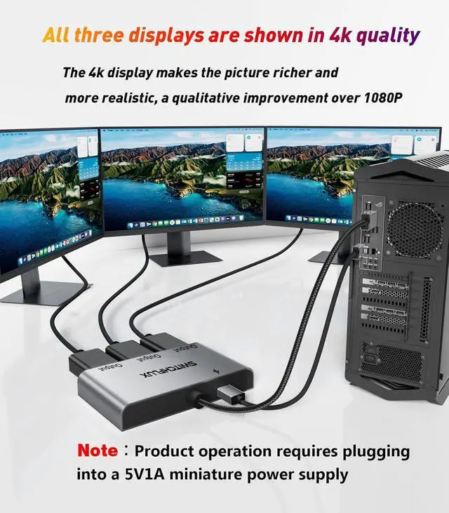 Alt view image 4 of 7 - DisplayPort Splitter for 3 Monitors Adapter |4K@60Hz| DP Splitter Extended Display 1 in 3 Out MST Hub for Multiple Monitor Compatible with PC NVIDIA/AMD Graphic Card