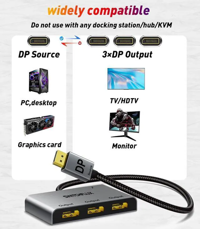 Alt view image 7 of 7 - DisplayPort Splitter for 3 Monitors Adapter |4K@60Hz| DP Splitter Extended Display 1 in 3 Out MST Hub for Multiple Monitor Compatible with PC NVIDIA/AMD Graphic Card