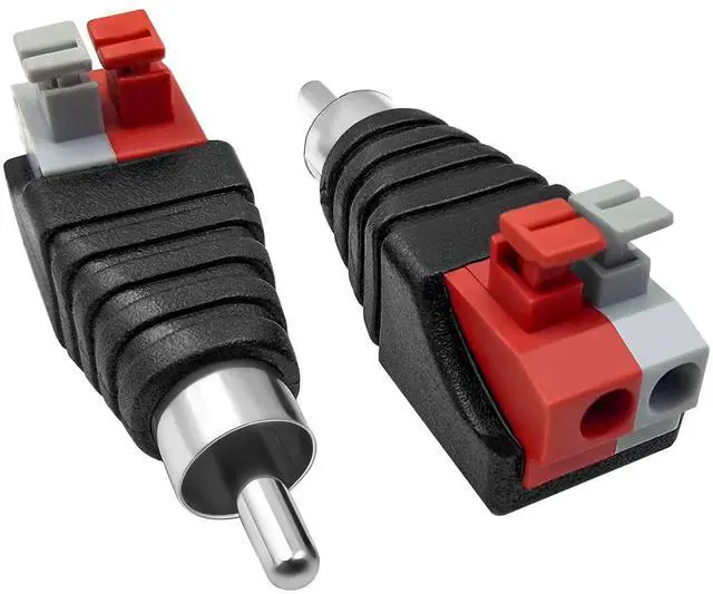 Main image of Hakiang 2-Pack Speaker Phono RCA Male to 2 Screw Terminal Female Strip Audio Video Spring Press Type Balum Connector Adapter (RCA M/AV F)