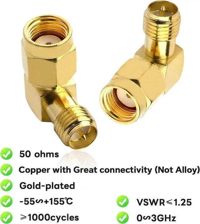 Alt view image 2 of 6 - 90 Degree Reverse Polarity SMA Coax Adapter RP SMA Male to RP-SMA Female Right Angle Connector for Audio FPV Drone Antennas Radio Video 2-Pack