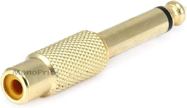 Alt view image 2 of 2 - Metal 1/4in (6.35mm) TS Mono Plug to RCA Jack Adapter - Gold Plated