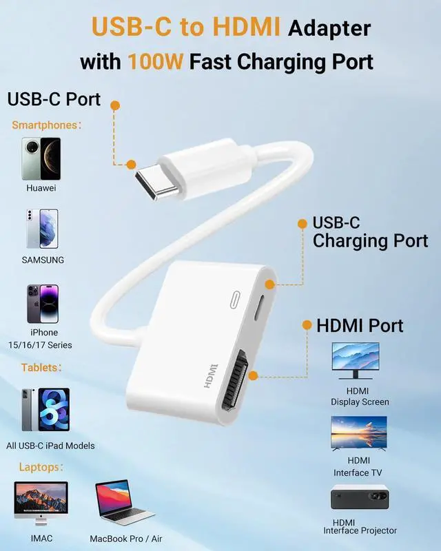 Alt view image 2 of 7 - USB C to HDMI Adapter Type C to 4K HDMI Adapter with 100W PD Multiport Digital AV Converter for MacBook Pro/air iPad Pro/air iPhone 15/16/17 Tablets Switch and More USB-C Devices