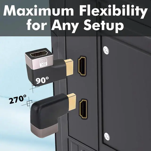 Alt view image 3 of 7 - HDMI 90 Degree Adapter 2Pack 90° & 270° Right Angle HDMI Coupler Connector for Tight Spaces 8K@60Hz 4K@120Hz 3D Support Extension 2.1 Compatible 24K Gold Plated Compact & Durable