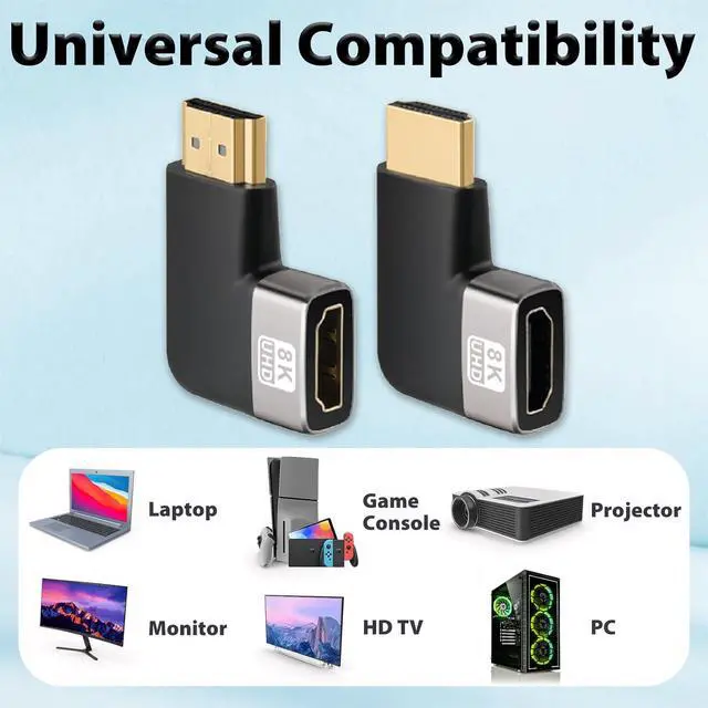 Alt view image 5 of 7 - HDMI 90 Degree Adapter 2Pack 90° & 270° Right Angle HDMI Coupler Connector for Tight Spaces 8K@60Hz 4K@120Hz 3D Support Extension 2.1 Compatible 24K Gold Plated Compact & Durable