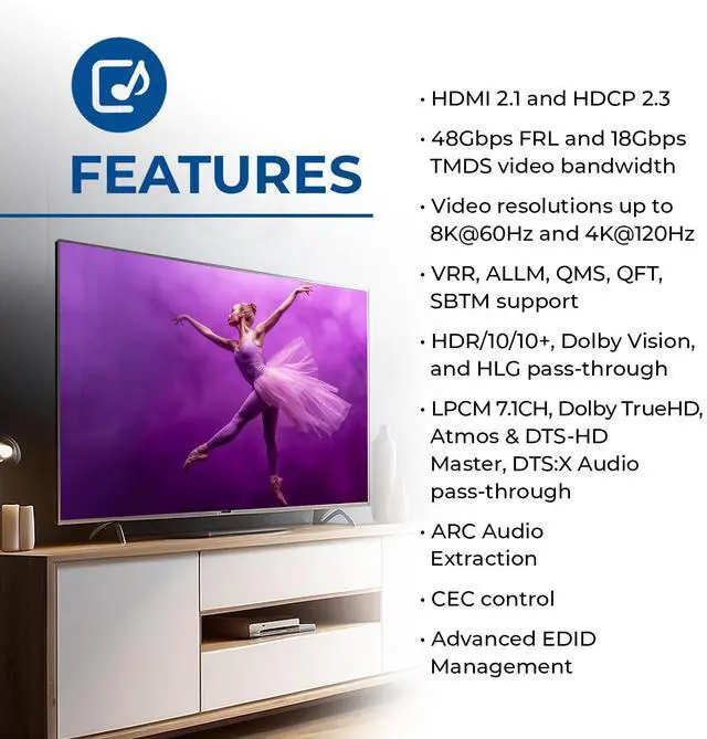 Alt view image 3 of 7 - eARC 8K Audio Extractor for Monitors Extract Dolby Atmos to Convert Sound bar 4K @ 120hz 18G HDMI 2.0 ARC Support HDCP 2.2 Perfect for 8K Monitors CEC Dolby Vision HDR10 Support Sonos