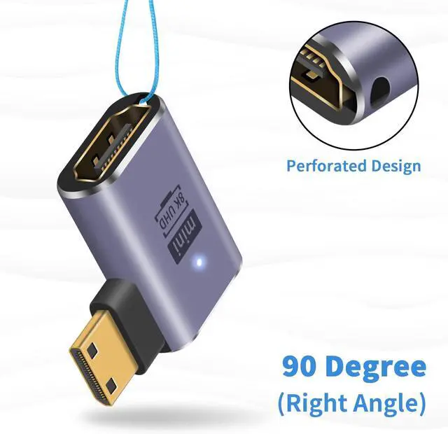 Alt view image 5 of 7 - 8K Right Angled HDMI to Mini HDMI Adapter 48Gbps 90 Degree HDMI Female to Mini HDMI Male Adapter with LED Working Indicator Lamp for Camera Camcorder Laptop (2 Pack)