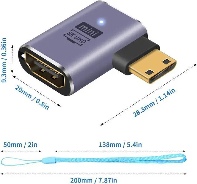 Alt view image 7 of 7 - 8K Right Angled HDMI to Mini HDMI Adapter 48Gbps 90 Degree HDMI Female to Mini HDMI Male Adapter with LED Working Indicator Lamp for Camera Camcorder Laptop (2 Pack)