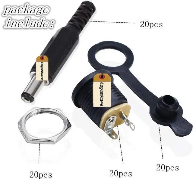 Alt view image 2 of 5 - 60Pcs 5.5MM x 2.1MM Male DC Power Plug Power Jack Adapter Connector& Female Dc Jack 3Pin Panel Mount Connector& Dustproof Plug