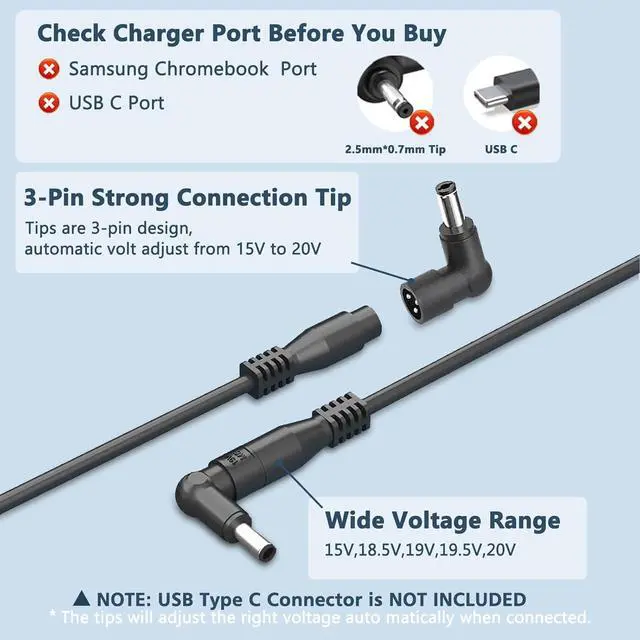 Alt view image 4 of 7 - 90w Universal Laptop Charger ETL Ac Adapter Compatible with  Hp  Toshiba   Sony Power Cord Adapter DC Output 12V 16V 18.5V 19V 19.5V 20V Power Supply Cord with 16 Tips