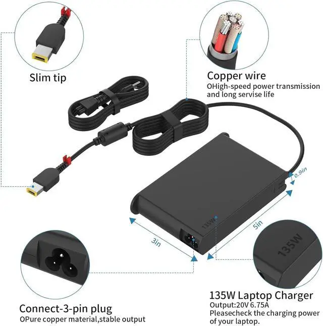 Alt view image 7 of 7 - 135W AC Charger Compatible with  ThinkPad X1 Extreme Gen 1 2 3 4 5 W540 W541 T440 T440S T440P T470P T540p T15p Ideapad Yoga Y50-70 Y50-80 Y50p Y50p-70 Y50c Laptop Power Supply Adapter