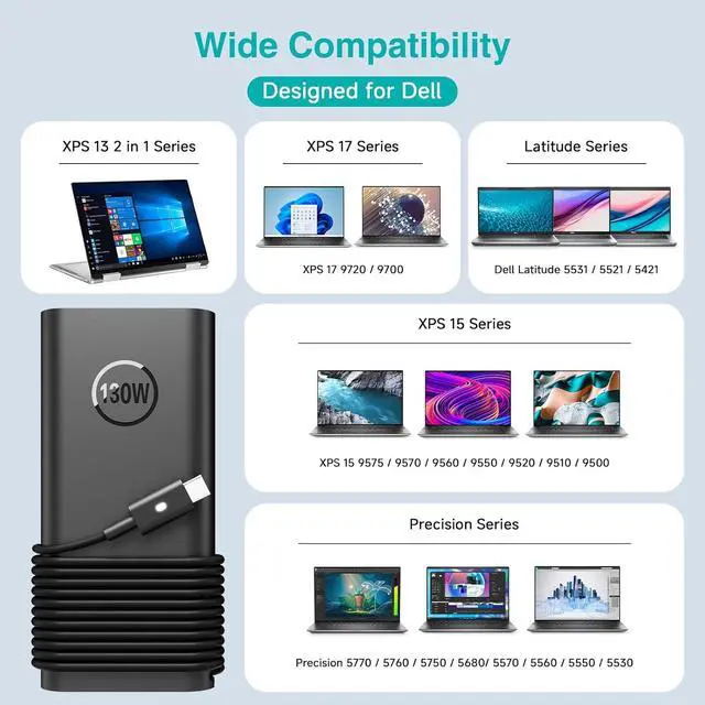 Alt view image 4 of 7 - 130W USB C Laptop Charger Type-C Power Adapter for  XPS 15 2-in-1 9575 XPS 17 9700 Precision 5530 5550 5750 3660 3551 Latitude 7410 7310 7210 9410 9510 5420 5520 10FT Power Cord