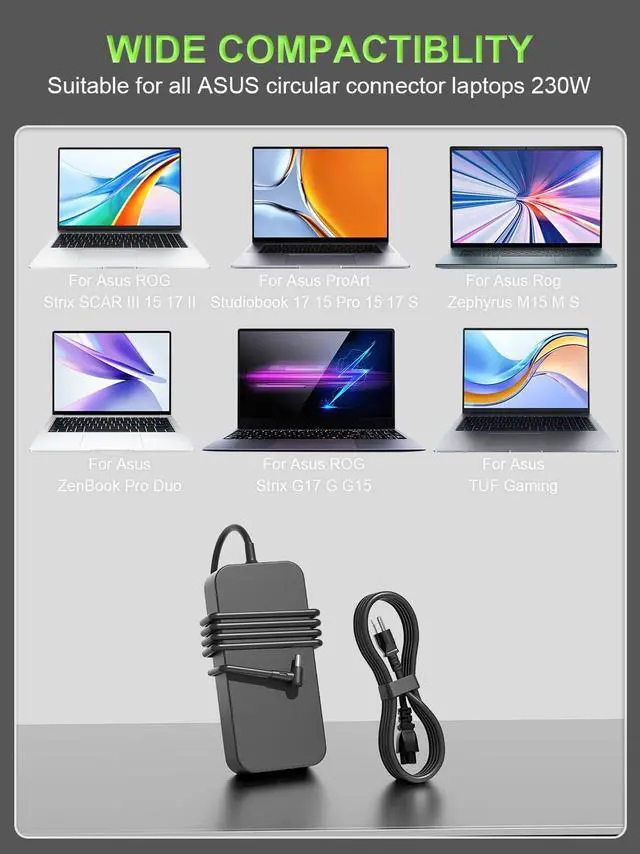 Alt view image 3 of 7 - 230W Charger Compatible with  ROG Zephyrus M15 S M GU502 GM501 GX502 GX701 GX531 GX501 GU501 Strix Scar II III 17 15 G17 G15 G GL704 GL504 G732 G512 ProArt15 17 Laptop
