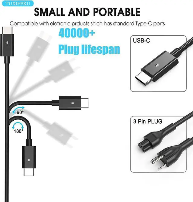 Alt view image 2 of 7 - 65W USB C Laptop Charger Compatible with  Latitude 5420 5520 5530 5550 5540 5430 5450 5440 7420 2-in-1 7430 7440 Inspiron 14 2-in-1 Chromebook 3100 XPS 13 60W Type C Power Cord