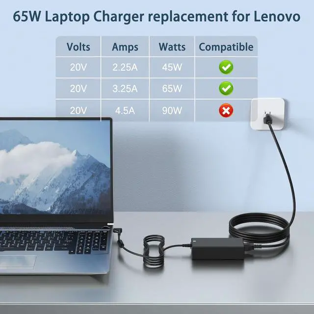 Alt view image 4 of 7 - 65W Charger Compatible with  Laptop IdeaPad 3 1 5 Flex 5 6 4 1470 1480 IdeaPad s340 S145 330 320 310 110 110s 510 520 530s 710s s540 S730 V14 V15 V17 65W 45W Round Tip AC Adapter