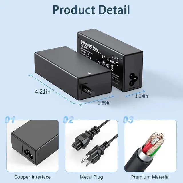 Alt view image 6 of 7 - 65W Charger Compatible with  Laptop IdeaPad 3 1 5 Flex 5 6 4 1470 1480 IdeaPad s340 S145 330 320 310 110 110s 510 520 530s 710s s540 S730 V14 V15 V17 65W 45W Round Tip AC Adapter