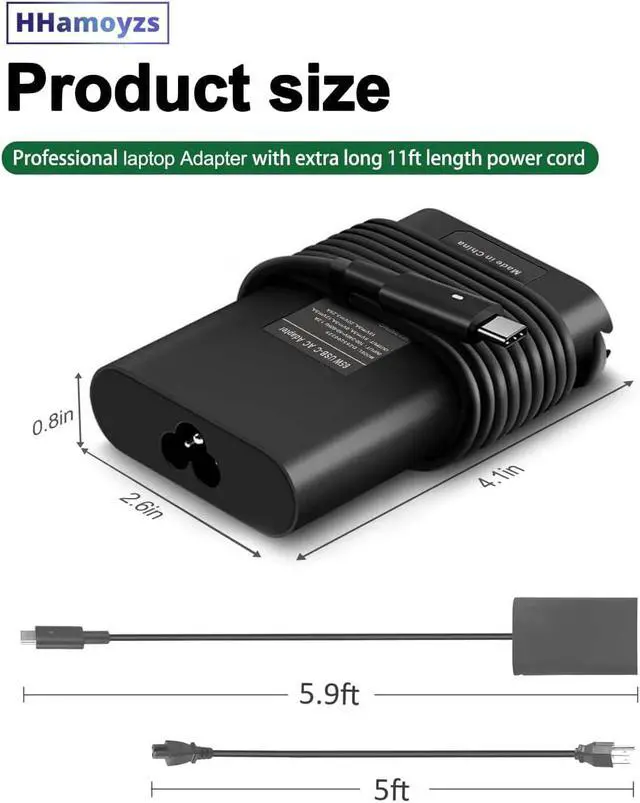 Alt view image 3 of 6 - 65W 45W Laptop Charger USB C - Compatible with  Latitude 5420 5520 7275 7420 7410 7370 XPS 13 9350 9250 9380 9370 9360 9365 Adapter Power Cord