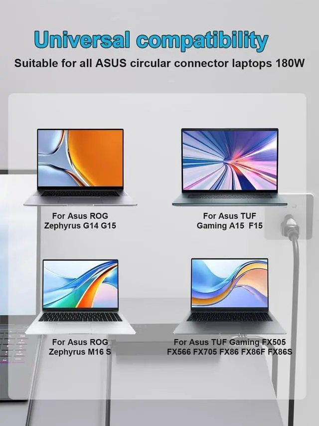 Alt view image 2 of 7 - 180W Charger Compatible with  ROG Zephyrus G14 G15 GA401 GA502 TUF Gaming A15 F15 F17 A17 FX566 FX705 FA706 FX766 FA506 FX706 FX506 FX505DT ROG Strix G G15 G531 G731 Laptop Adapter
