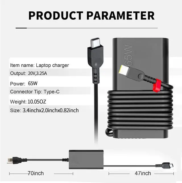 Alt view image 3 of 7 - New Slim 65W USB C Laptop Charger Compatible with  Laptop and Thinkpad/Yoga/Chromebook USB Type C Power Adapter
