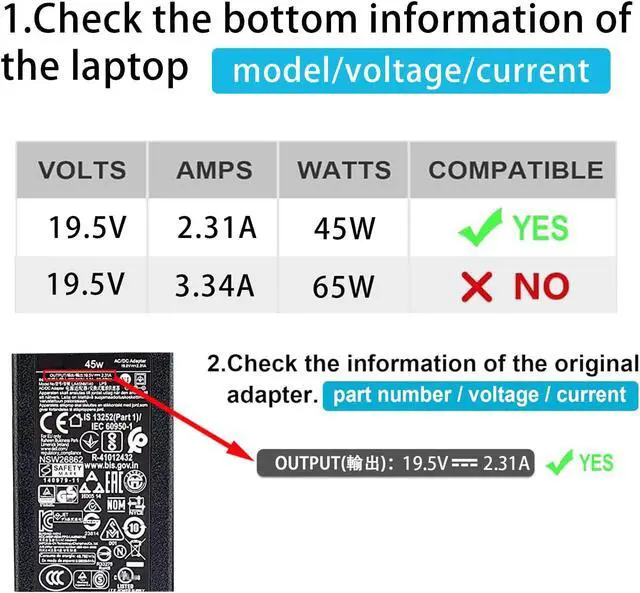 Alt view image 2 of 7 - 45W Round Tip Laptop Charger Fit for  Inspiron 13 14 15 3000 5000 7000 Series 15-3552 3555 3558 3565 3567 5551 5552 5555 5558 5559 DA45NM140 LA45NM140 19.5V 2.31A AC Adapter Power Cord