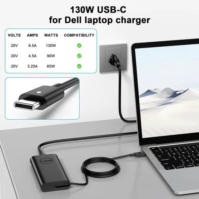 Alt view image 3 of 6 - Replacement for  130W Laptop Charger USB C Slim AC Adapter for  XPS 15 17 9575 9500 9520 9700 Precision 5530 5550 5560 5570 3560 2in1 Latitude 9410 9510 Type C AC Power Cord