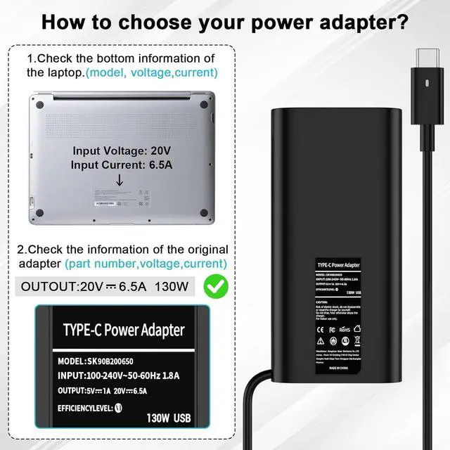 Alt view image 2 of 6 - Replacement for  130W Laptop Charger USB C Slim AC Adapter for  XPS 15 17 9575 9500 9520 9700 Precision 5530 5550 5560 5570 3560 2in1 Latitude 9410 9510 Type C AC Power Cord