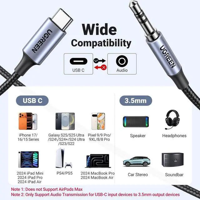 Alt view image 3 of 7 - USB C to Aux Type C to 3.5mm Audio Adapter Hi-Fi Stereo Cord Headphone Male Car Auxiliary Cable Compatible with iPhone 17 16 15 Pro Max Galaxy S25 S24 Ultra iPad Pixel 10 Grey 3.3FT