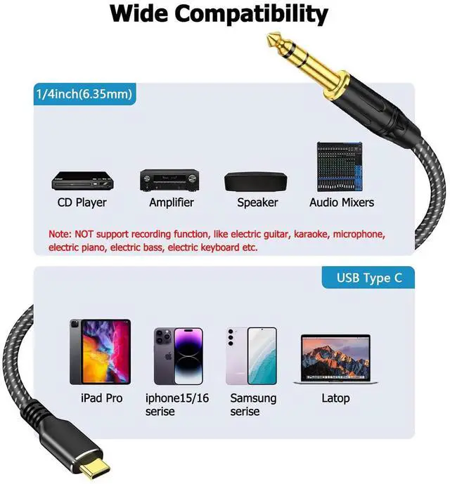 Alt view image 2 of 7 - USB C to 1/4 TRS Stereo Audio Cable 6.6FT USB Type C to 6.35mm 1/4 inch Male Audio Adapter for i-Phone 16/15 Pixel 5XL Amplifier Home Theater Speaker [Not Support Recording]